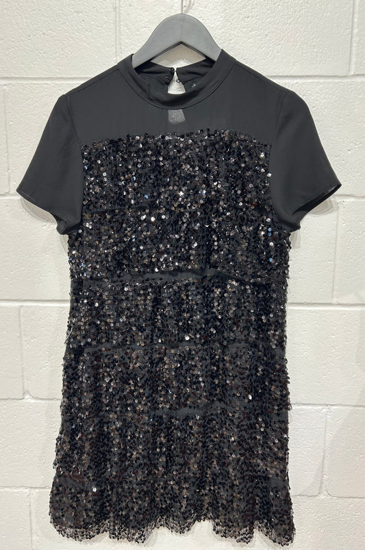 Women's S Black Sequinned Tiered Short-Sleeve Dress, Zara, NWT New With Tags