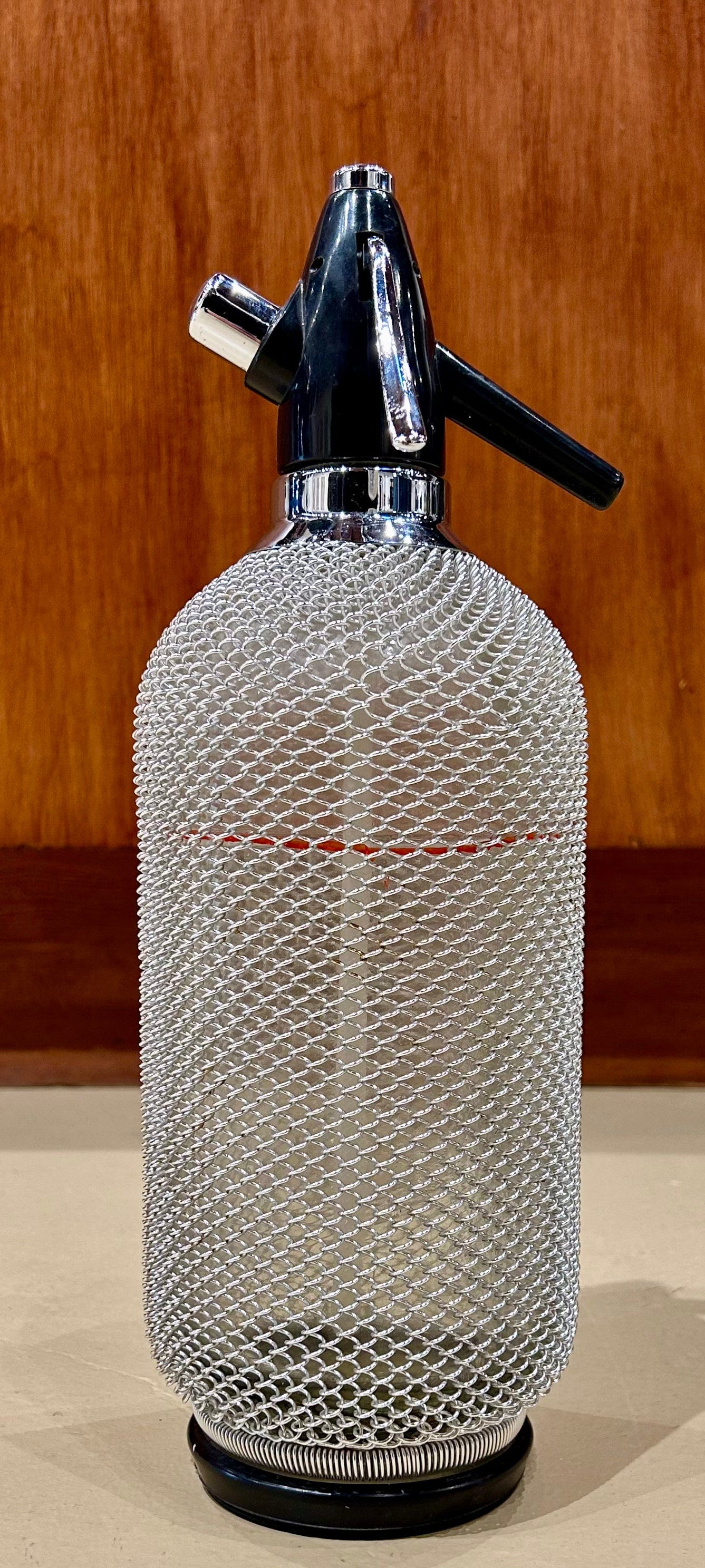 Local Pickup Only - Vintage 70s Soda Siphon Seltzer Bottle with Wire Mesh, Metal around Glass