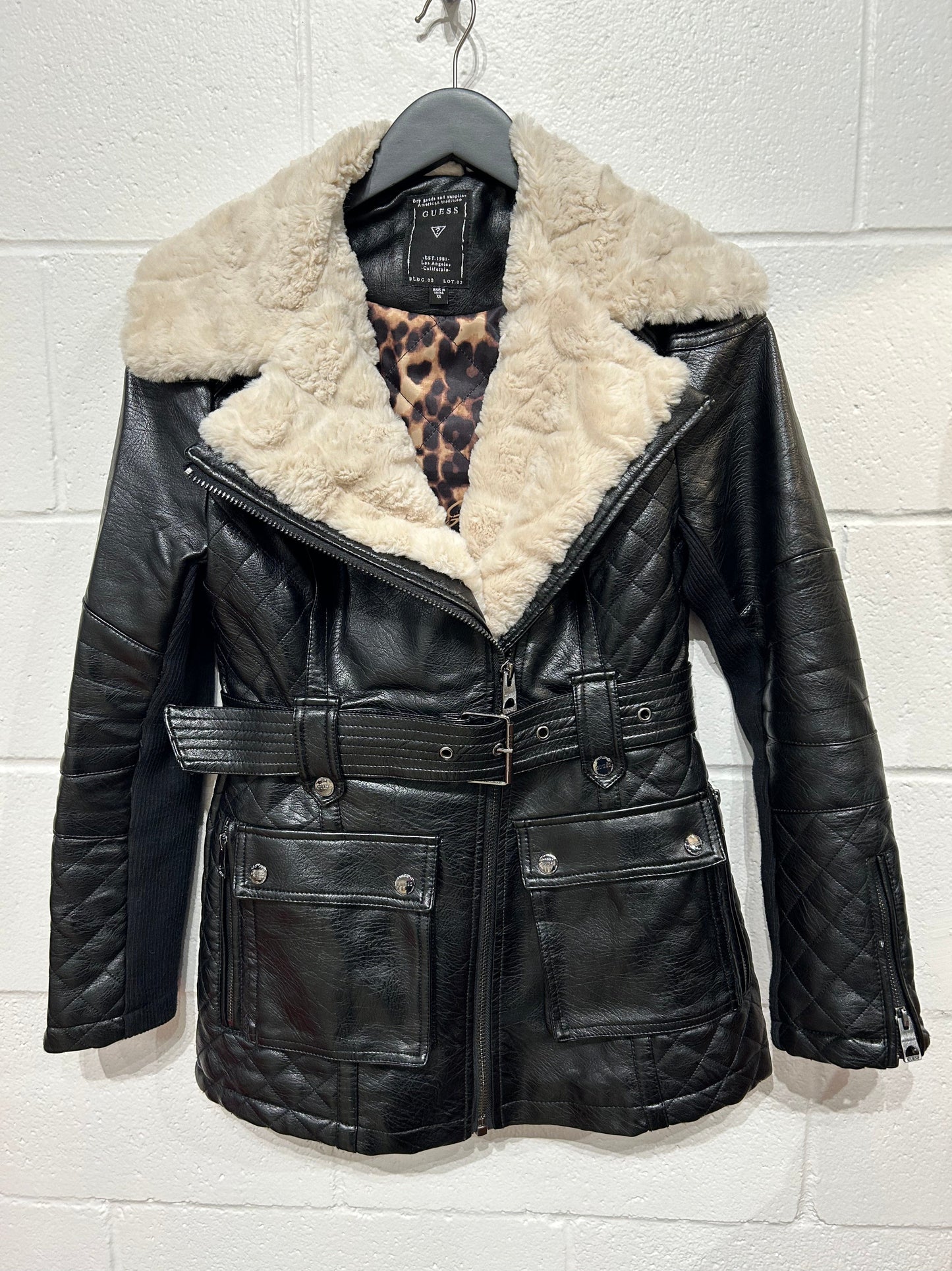 Women's XS Coat Jacket Faux Leather w Faux Fur - Black Guess