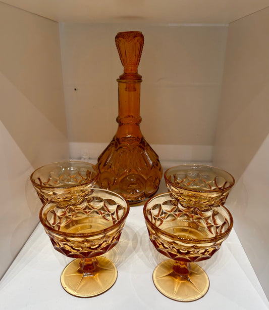 Local Pickup Only - Tangerine Amber Glass Decanter Set  - Decanter and 4 Glasses