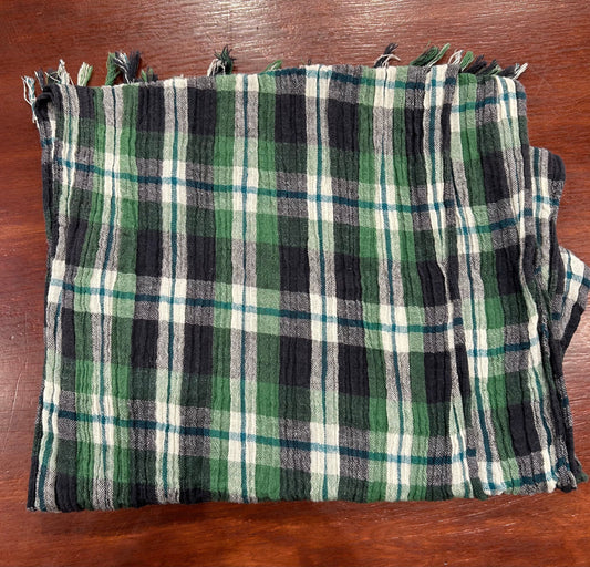 100% Cotton Scarf Cream/Navy/Clover Green Plaid