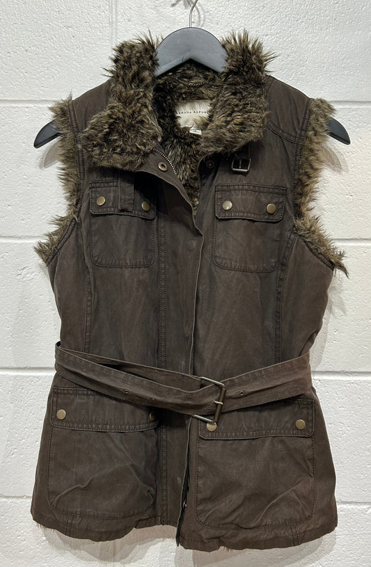 Women's S Faux Fur Vest Gilet Jacket Canvas - Olive, Banana Republic