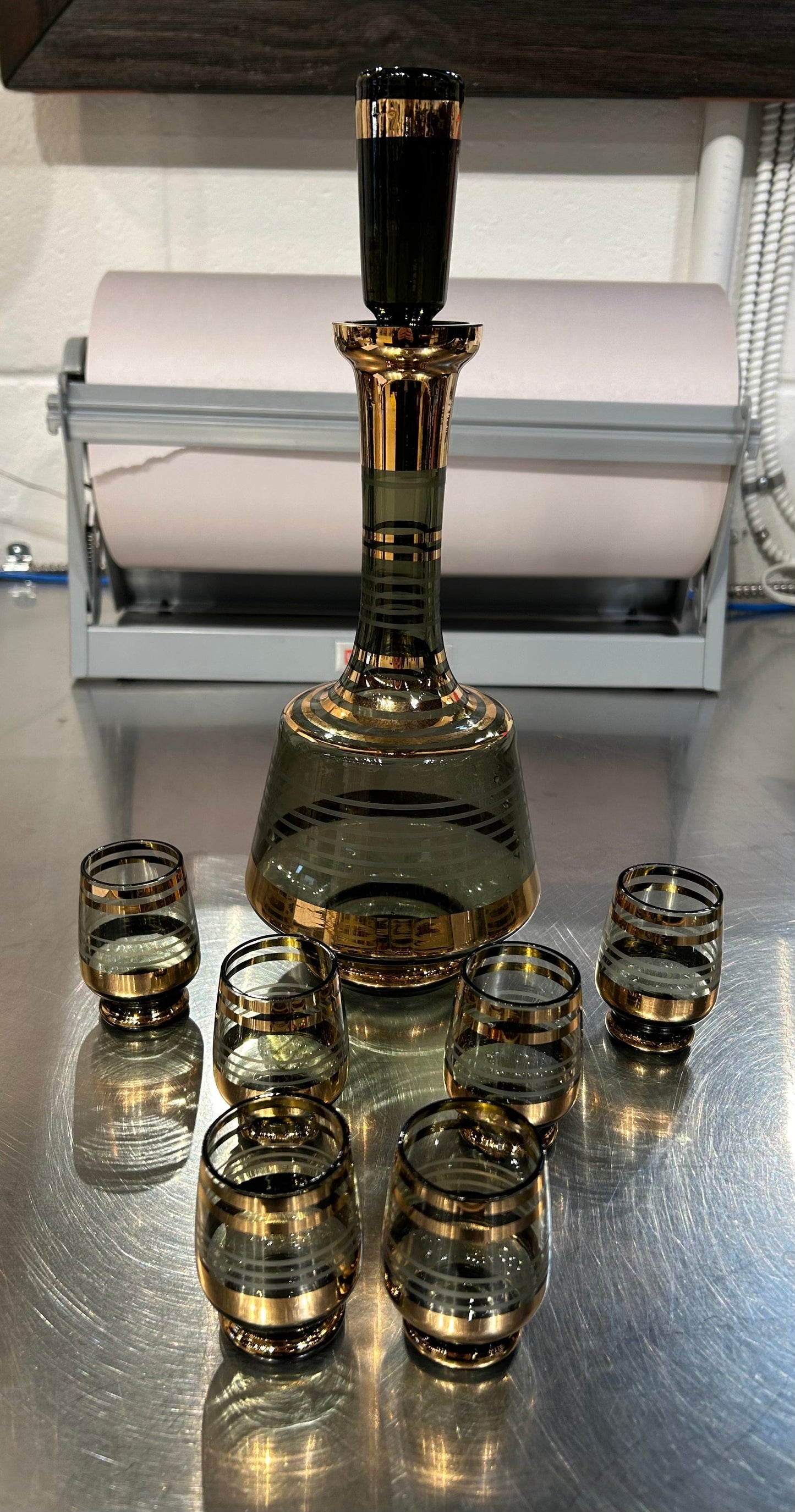 Local Pickup Only - Decanter and Glass x 6 Set - Vintage Smoked Glass and Gold MCM