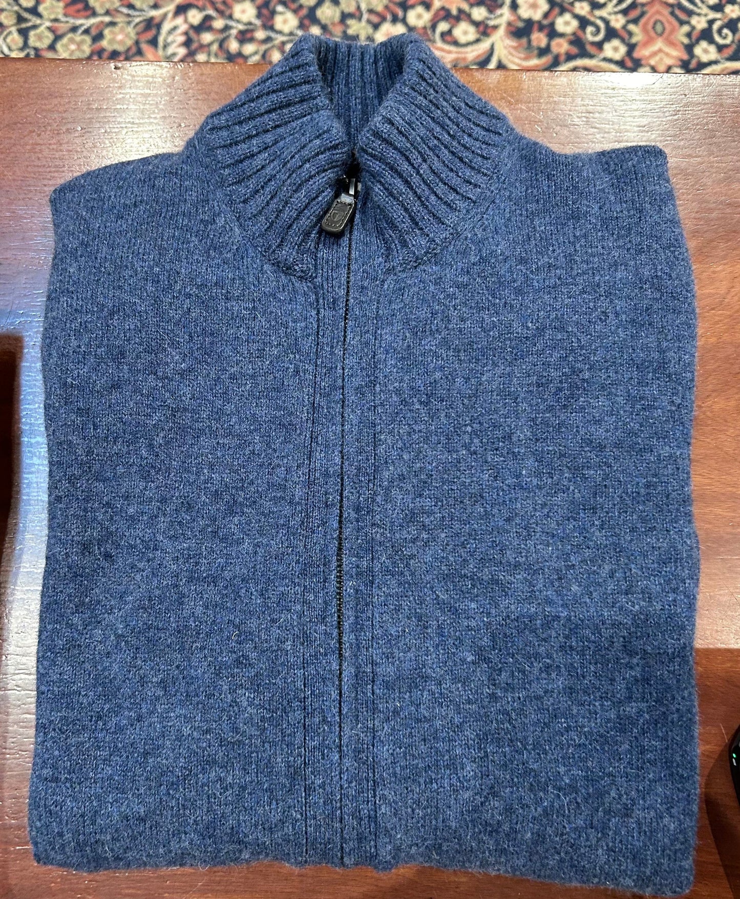 Men's L 100% Lambswool Sweater, Full Zip with Pockets, Black & Brown, Blue