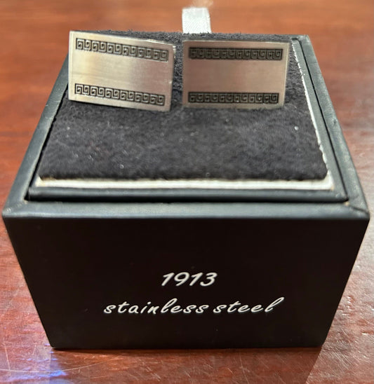 Stainless Steel Cufflinks in Box, Greek Wave Pattern