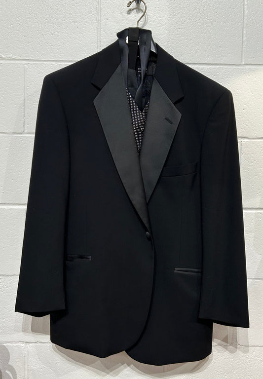 Men's 42R 100% Wool Tuxedo Suit, Satin Lapel, Black, Geoffrey Beene