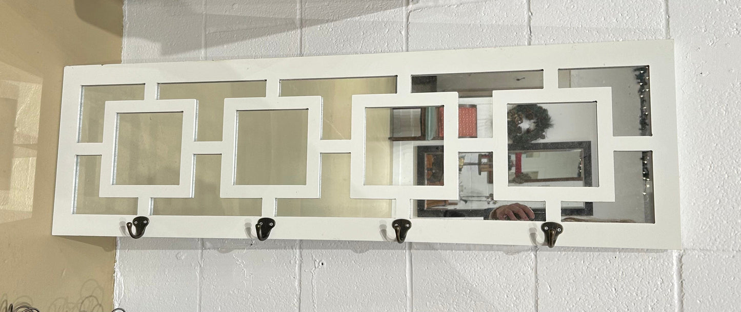 Local Pickup Only - Medium White Framed Mirror with Coat Hooks