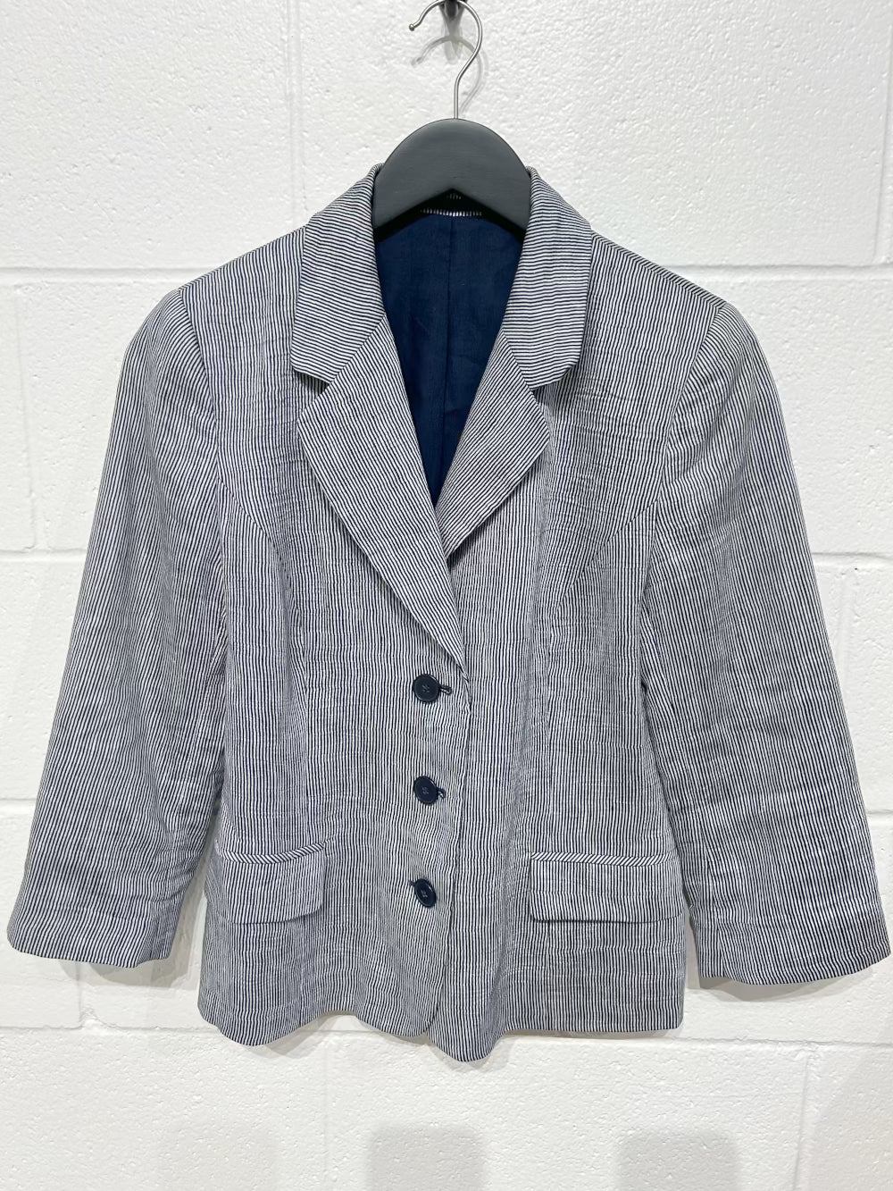 Women's 6 100% Linen Navy/White Striped Jacket, Unlined