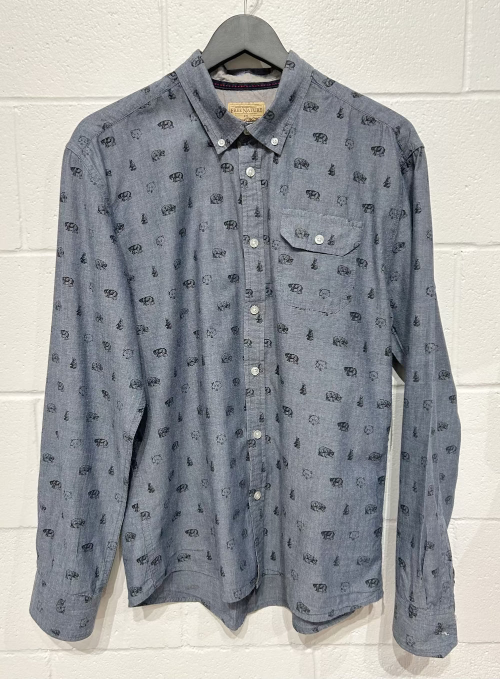 Women's L Cotton Top Button-up Shirt, Denim Chambray with Bear Print, Free Nature