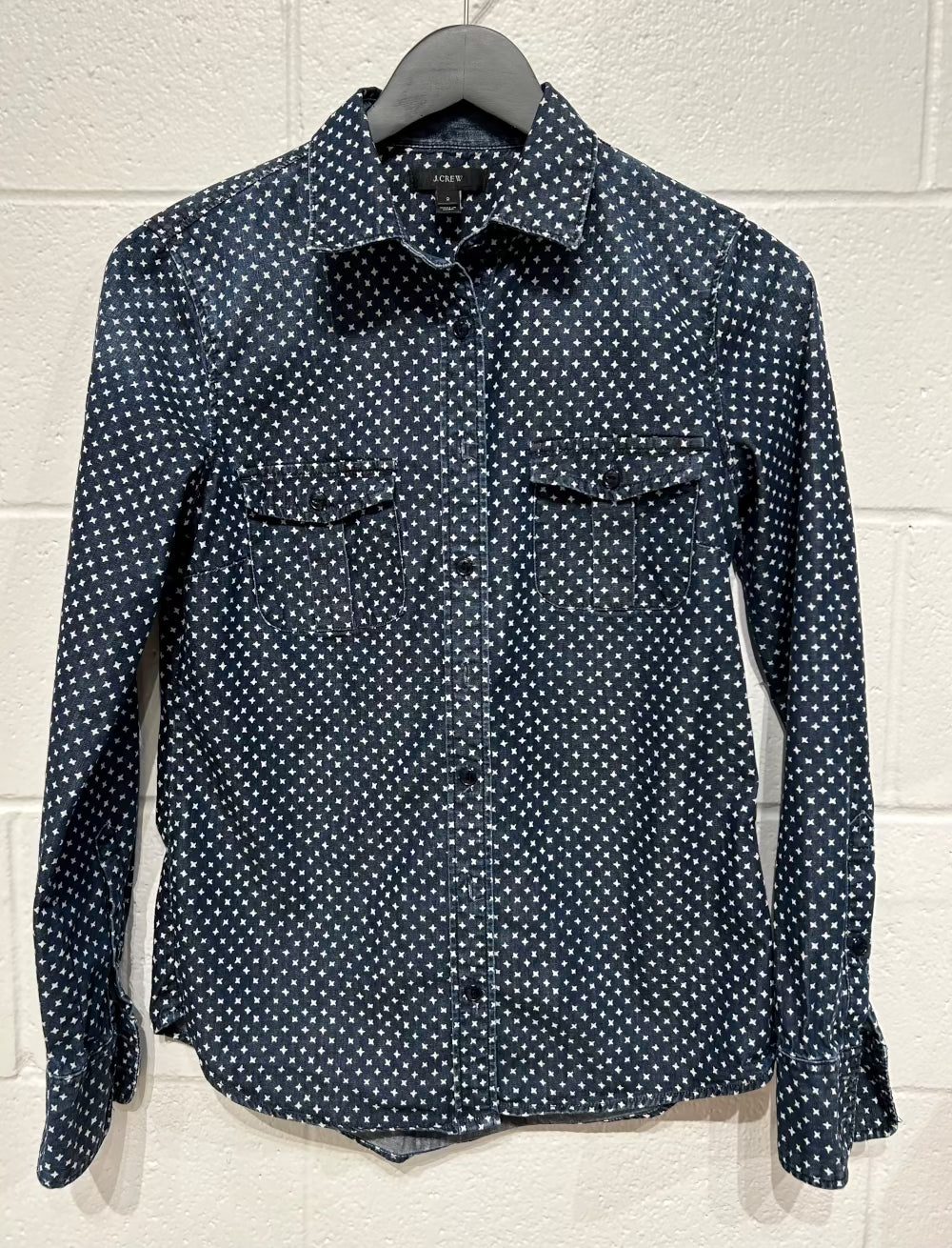 Women's XS 2 Cotton Top Shirt, Star Print Denim, Long Sleeve, J Crew