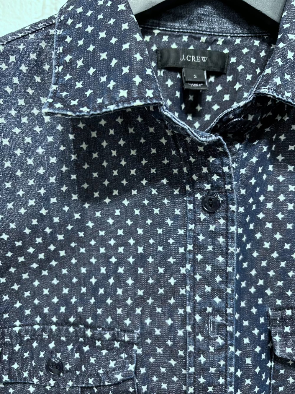 Women's XS 2 Cotton Top Shirt, Star Print Denim, Long Sleeve, J Crew