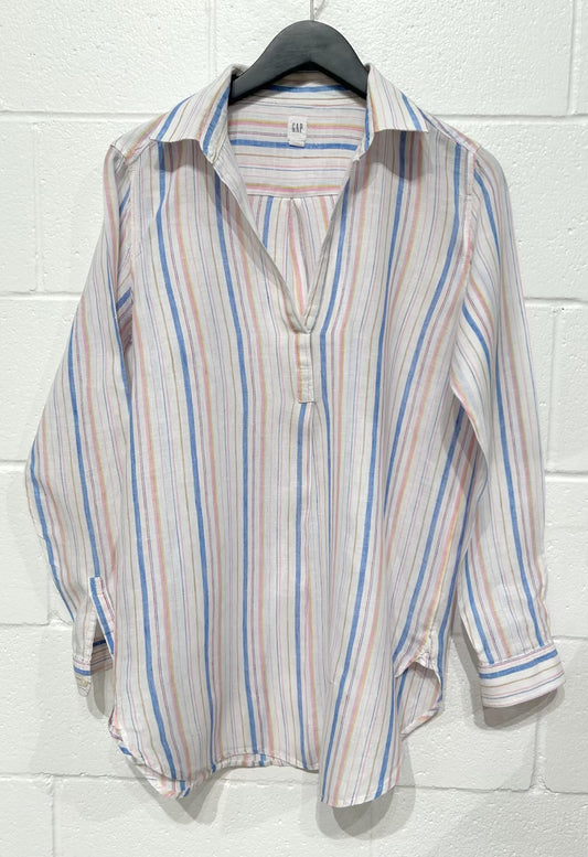 Women's M Linen Top Shirt, Blue/pink/white Stripes, Gap