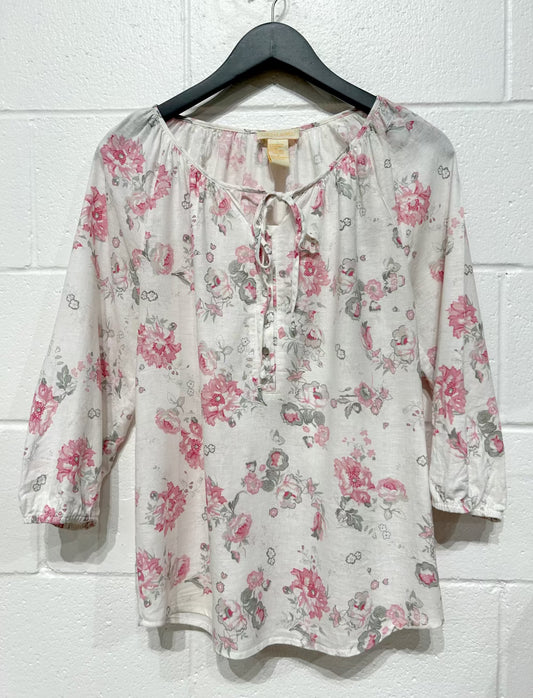 Women's S Linen Top Shirt, Pink Flowers, Lucy & Laurel