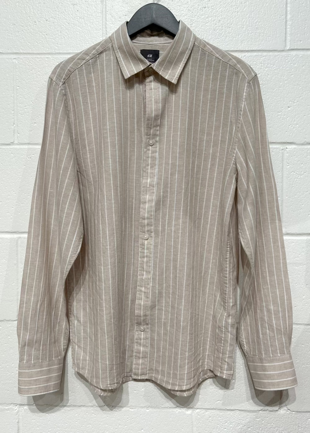 Men's M Linen Shirt,  Long Sleeve, Button Up, Beige with White Stripes, H & M