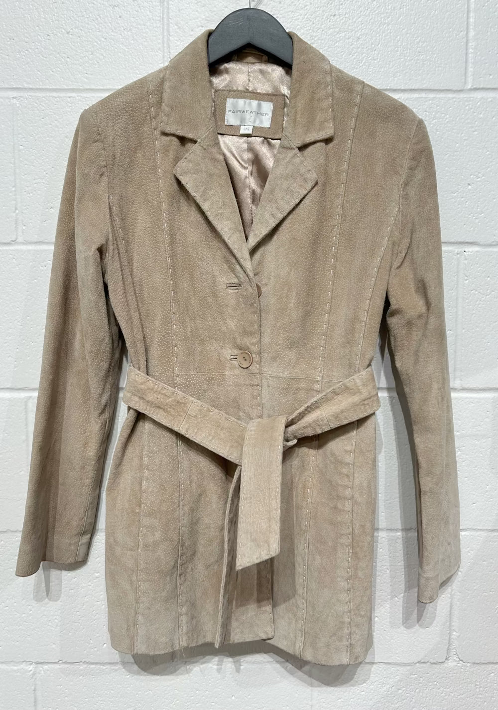 Women's S Suede Leather Jacket, Beige, Self-Belt and Buttons, Fairweather