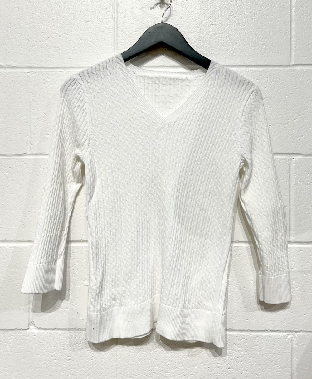 Women's M Fine Cotton Cable 3/4 Sleeve Sweater - White