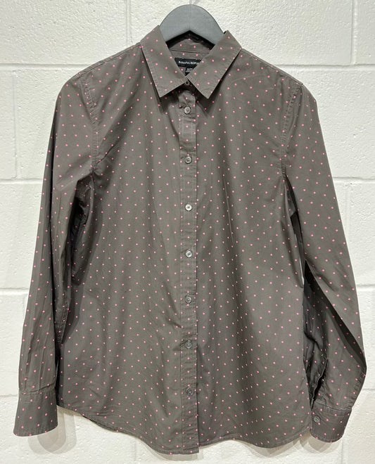 Women's M Cotton Top Button-up Shirt, Brown/Pink Dot Long Sleeve, Banana Republic