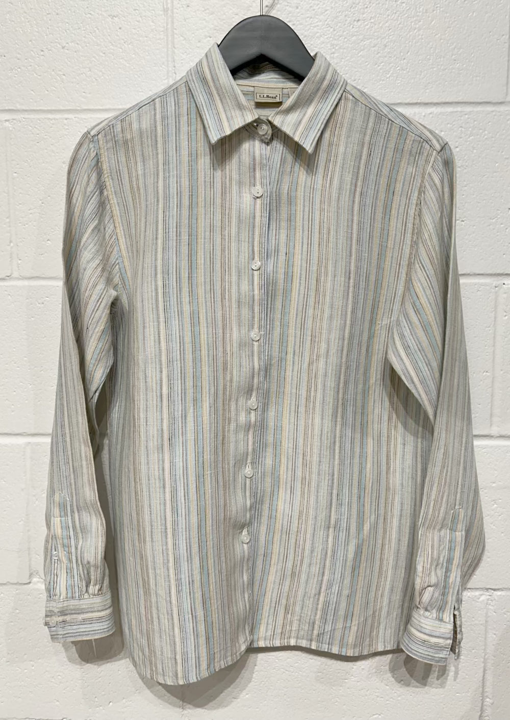 Women's S (Fits Larger) Multi Stripe 100% Linen Top Button-up Shirt, Long Sleeve, LL Bean