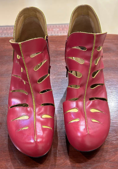 Women's Shoes - 8B US, Pink/Yellow Leather Ankle Boots Heels, John Fluevog