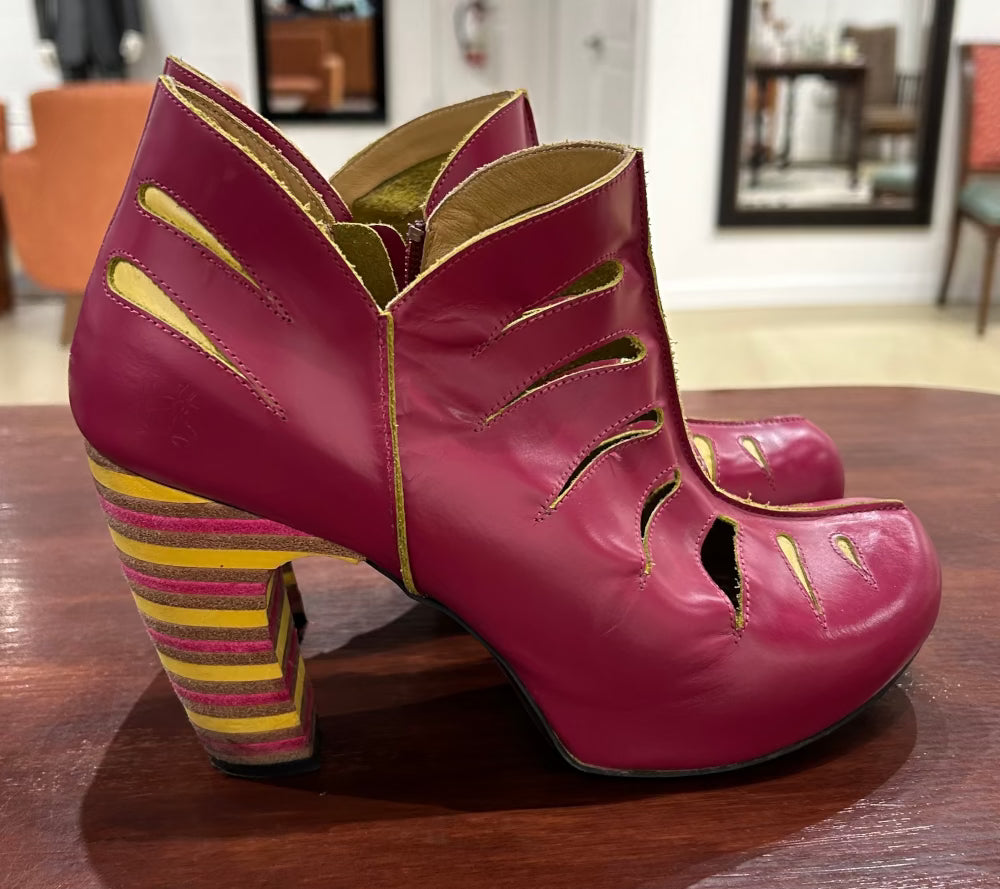 Women's Shoes - 8B US, Pink/Yellow Leather Ankle Boots Heels, John Fluevog