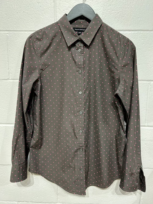 Women's L Cotton Shirt,  Long Sleeve, Button Up, Brown with Pink Polka Dots, Banana Republic