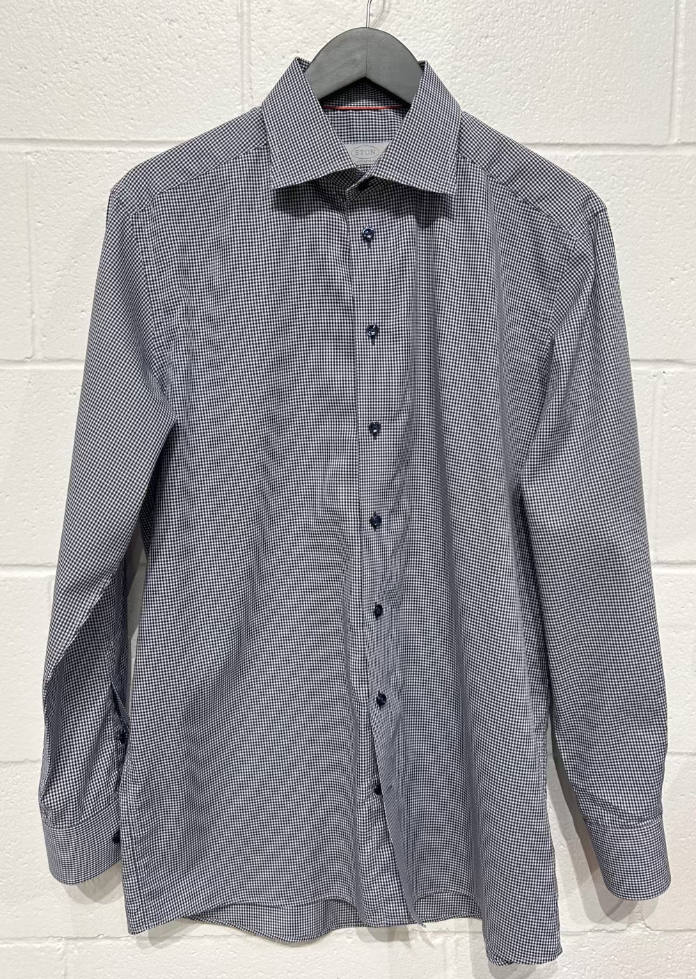 Men's L 16-1/2 Cotton Shirt,  Long Sleeve, Button Up, Navy Blue Microcheck, Eton