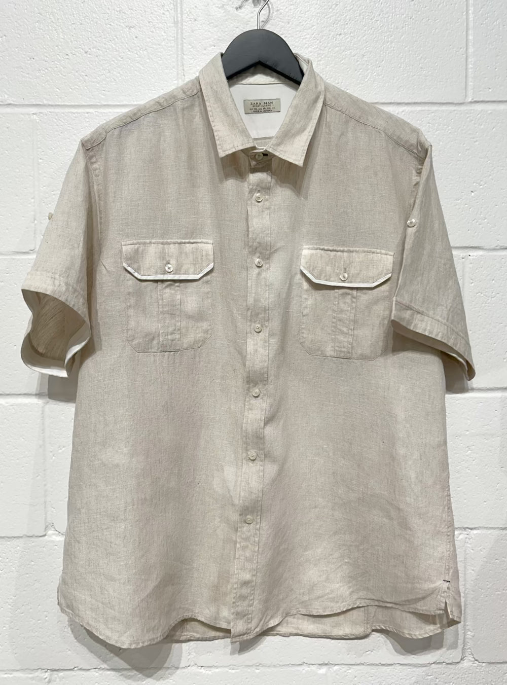 Men's 2XL Linen Shirt,  Short Sleeve, Button Up, Beige, Zara