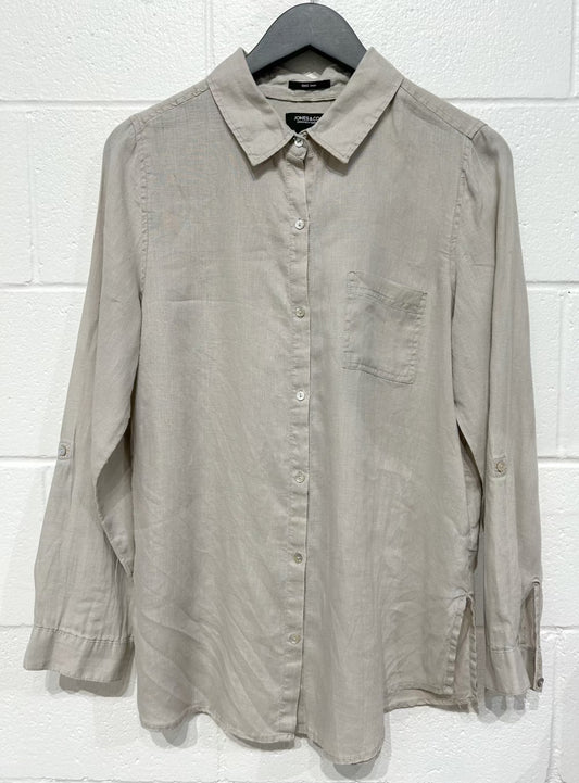 Women's M Beige 100% Linen Top Button-up Shirt, Long Sleeve, Jones & Co