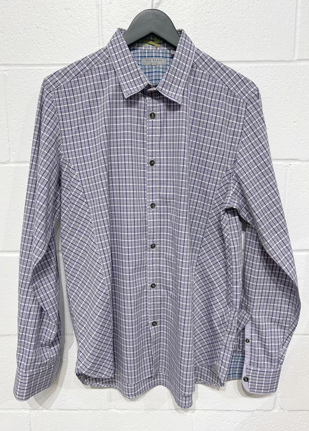 Men's XL (5) Cotton Shirt,  Long Sleeve, Button Up, Lavender Box Check, Ted Baker