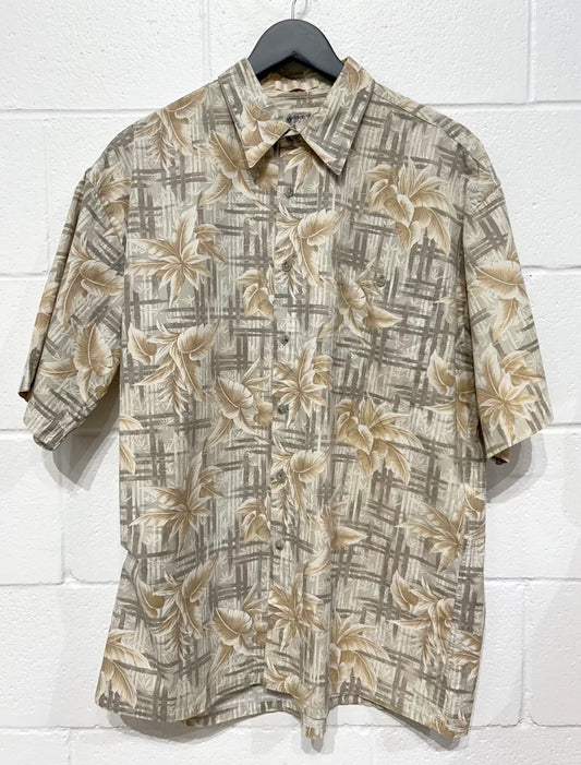 Men's L 100% Cotton Shirt,  Short Sleeve, Beige Hawaiian Print, Campia