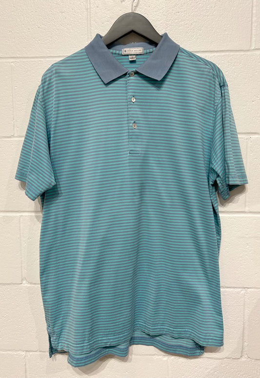 Men's M T-Shirt Polo, M Short Sleeve, Aqua Stripes, Peter Millar