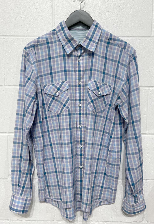 Men's M 100% Cotton Shirt,  Long Sleeve, Button Up, Lavender Box Check, Arnold Palmer