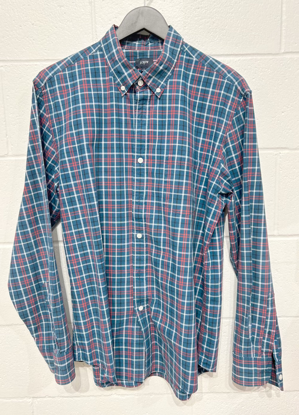 Men's L 100% Cotton Shirt,  Long Sleeve, Button Up, Teal Box Check, J Crew