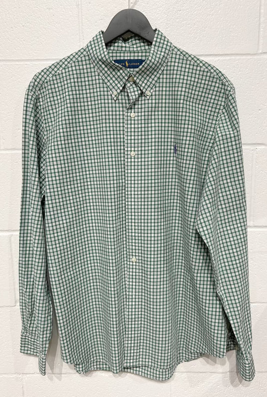 Men's XL 100% Cotton Shirt, Long Sleeve, Button Up, Green Box Check, Ralph Lauren