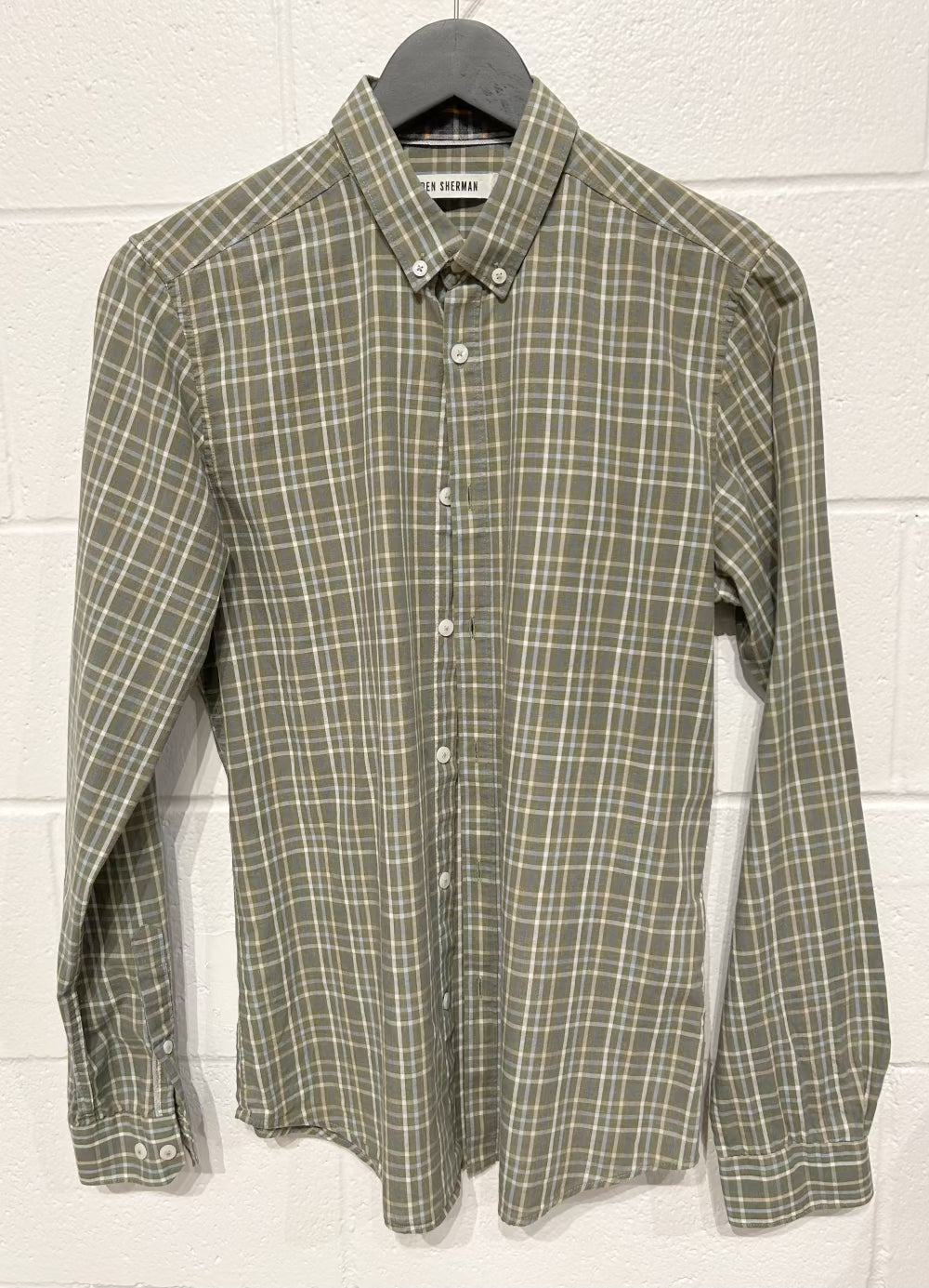 Men's S 100% Cotton Shirt, Long Sleeve, Button Up, Sage Green Box Check, Ben Sherman