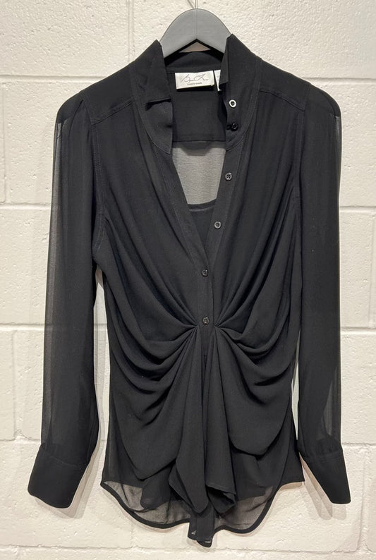 Women's Chiffon 8 Top Blouse, Long Sleeve, Ruched - Black, Byron Lars Beauty Mark (Anthropologie)