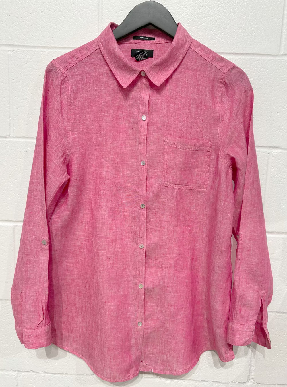 Women's L Pink 100% Linen Top Button-up Shirt, Long Sleeve, Jones & Co