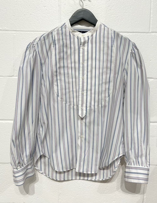 Women's 12 100% Cotton Top Button-up Shirt, Blue Stripe, Puff Sleeve, Ralph Lauren