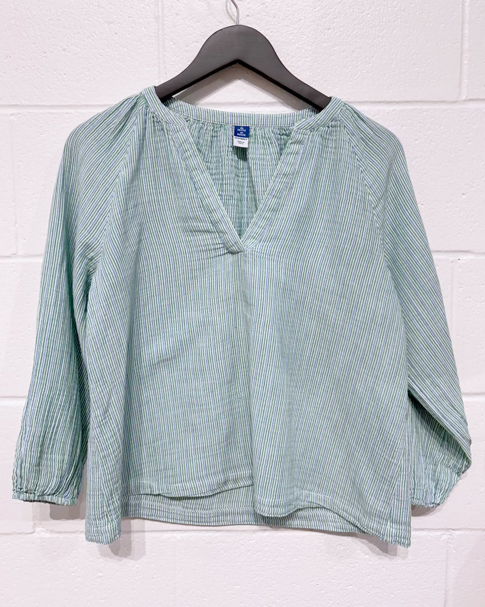 Women's XSP Linen Top Shirt, 3/4 Sleeve, Striped Green/Blue, Old Navy