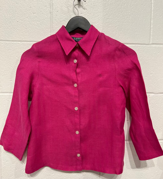 Women's P/P Fuchsia Pink 100% Linen Top Button-up Shirt, 3/4 Sleeve, Lauren Ralph Lauren