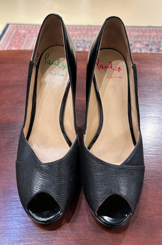 Women's Shoes - 7.5M US/ 38.5 EU, Black Leather Peep-Toe Platform Heels, Paul x Paul Smith