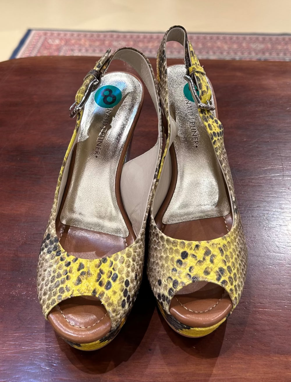 Women's Shoes - 8B US, Yellow Snake Sandals with Shaded Lucite Wedge, Donald J Pliner