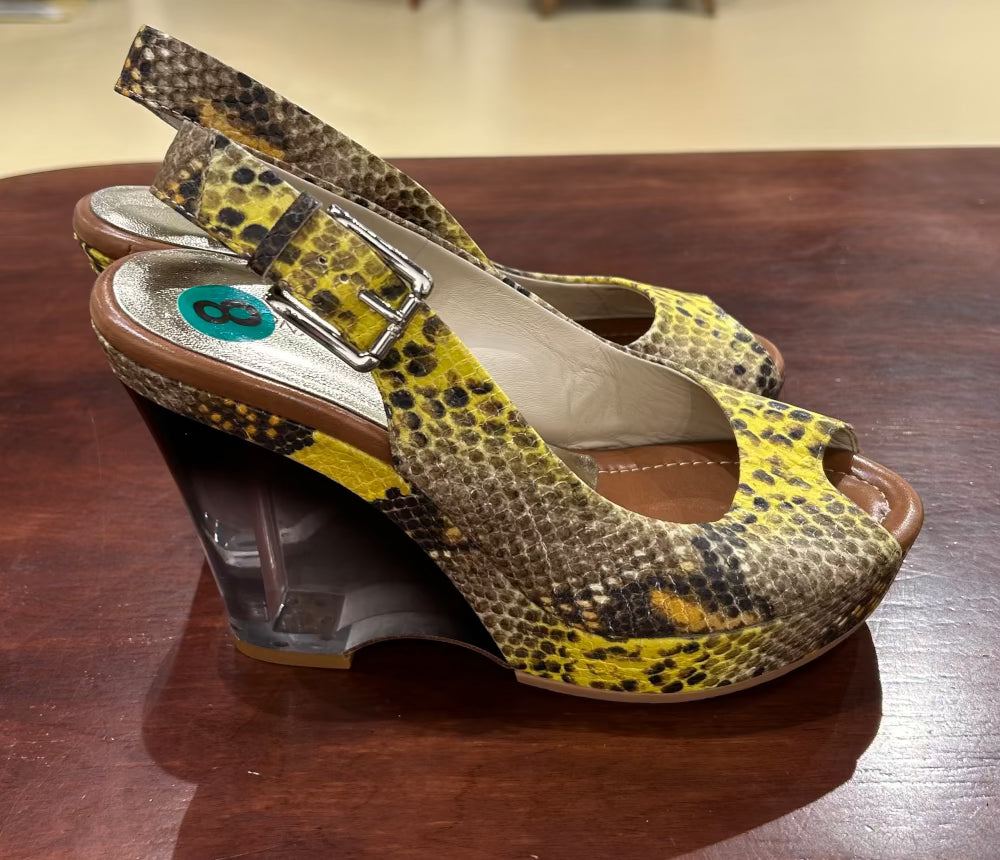 Women's Shoes - 8B US, Yellow Snake Sandals with Shaded Lucite Wedge, Donald J Pliner