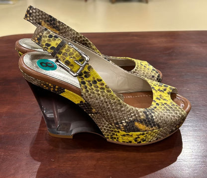 Women's Shoes - 8B US, Yellow Snake Sandals with Shaded Lucite Wedge, Donald J Pliner