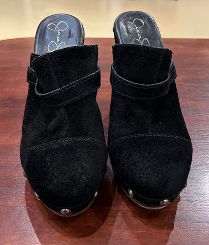 Women's Shoes - 8B US/38 EU, Black Suede Clogs, Studs and Wooden Heels, Jessica Simpson