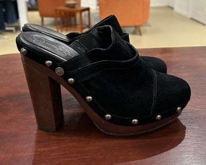 Women's Shoes - 8B US/38 EU, Black Suede Clogs, Studs and Wooden Heels, Jessica Simpson