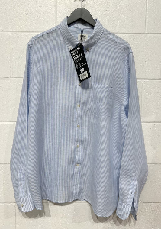 Men's XL Shirt,  Long Sleeve, 100% Linen Button Up, Blue/White Stripes, Ecoalf, NWT New with Tags