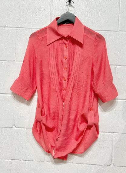 Women's L Silk Blend Short Sleeve Top Tunic, Snaps, Coral Chiffon, Papillon