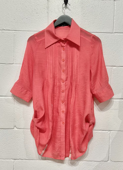 Women's L Silk Blend Short Sleeve Top Tunic, Snaps, Coral Chiffon, Papillon