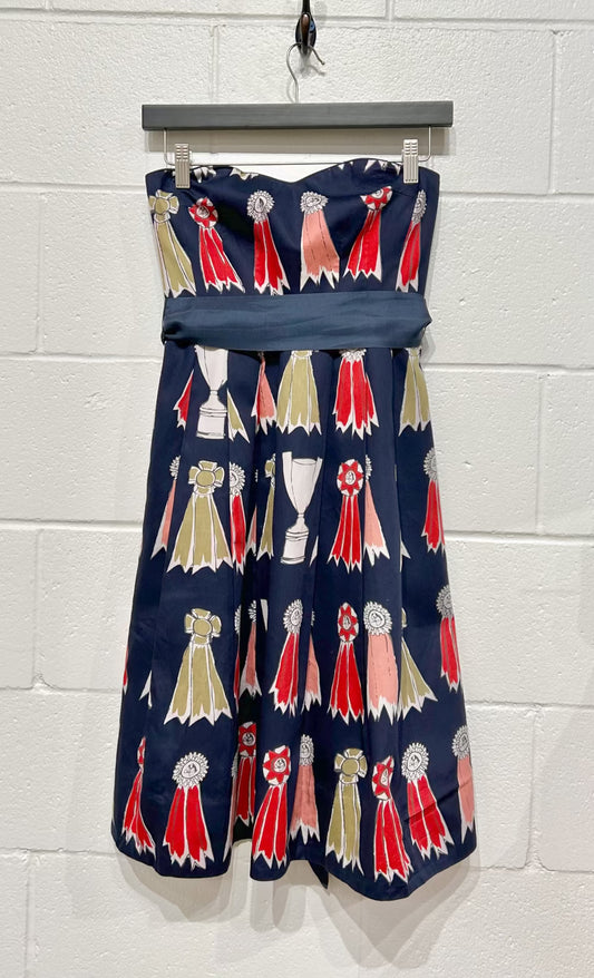 Women's Dress 0, Navy/Red Ribbon Print Strapless, We Love Vera (Anthropologie)